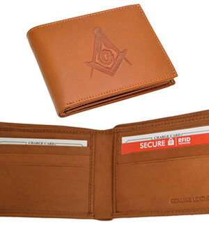 One (1) Masonic Tan Leather Wallet with Large Centered Masonic Compass and Square. Multiple pockets and ID compartments - wallet for Freemasons. (Masonic gifts)