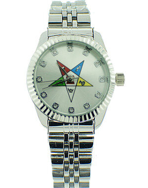 ORDER OF THE MASONIC EASTERN WATCH - OES SYMBOL ON SILVER COLOR STEEL BAND - SILVER FACE CZ DIAL