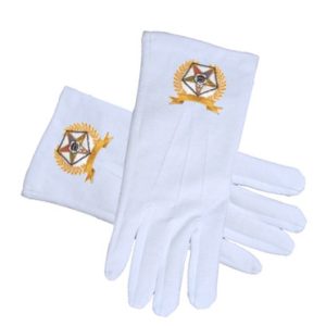 OES STAR FACE COTTON GLOVES - WHITE WITH GOLDEN LAUREL DESIGN (ONE SIZE FITS MOST) - ORDER OF THE EASTERN STAR REGALIA, CLOTHING AND FORMAL ATTIRE
