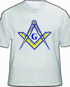 WHITE MASONIC T-SHIRT FOR FREEMASONS - BLUE AND YELLOW MASONIC COMPASS AND SQUARE ALONE. MASONIC APPAREL, MERCHANDISE AND GIFTS.