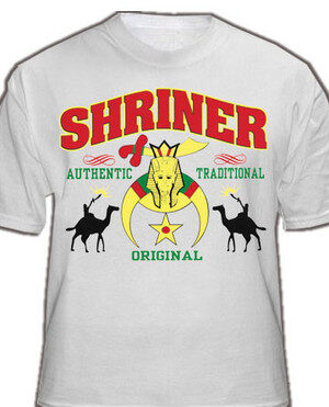 MASONIC SHRINERS T-SHIRT (WHITE) FOR FREEMASONS. COLORED DESIGN AUTHENTIC, TRADITIONAL, ORIGINAL - SHADOW CAMEL RIDERS. MASONIC MERCHANDISE AND GIFTS