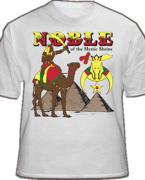 WHITE MASONIC SHRINERS T-SHIRT FOR FREEMASONS - MULTI COLORED DESIGN WITH NOBLE RIDER WITH SWORD ON CAMELS. MASONIC MERCHANDISE AND GIFTS.