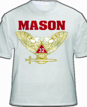 MASONIC SHIRT - SCOTTISH RITE (WHITE) 32ND DEGREE FREEMASONS. COLORED WINGS UP DOUBLE HEADED EAGLE DESIGN W/ BOLD MASON TEXT. MASONIC CLOTHING AND APPAREL.