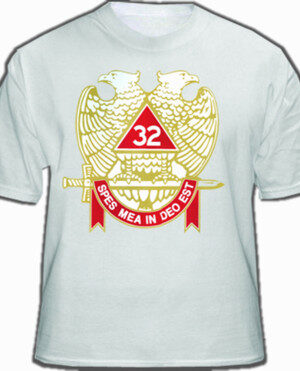 MASONIC SHIRT - SCOTTISH RITE T-SHIRT (WHITE) 32ND DEGREE FREEMASONS. COLORED WINGS DOWN DOUBLE HEADED EAGLE W/ BANNER AND SWORD. MASONIC CLOTHING AND APPAREL
