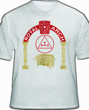 MASONIC ROYAL ARCH WHITE T-SHIRT FOR FREEMASONS - STANDARD RED LOGO TRIPLE TAU WITH PILLARS DESIGN. MASONIC MERCHANDISE AND GIFTS.