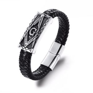 SILVER TONE STEEL AND BLACK LEATHER BRAIDED MASON JEWELRY