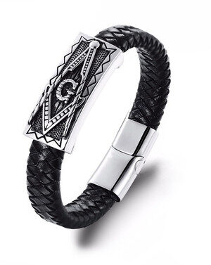 SILVER TONE STEEL AND BLACK LEATHER BRAIDED MASON JEWELRY