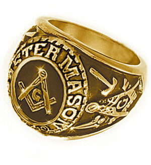 MASON GOLD COLOR FREEMASON COLLEGE STYLE MASONIC RINGS FOR SALE - WITH CLASSIC CENTER DESIGN AND ETCHED SYMBOLS - STAINLESS STEEL W/ GOLD PLATING