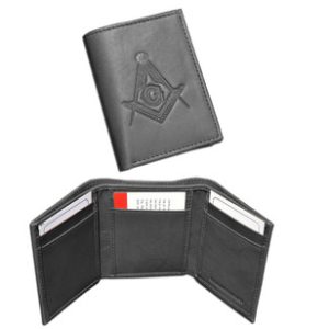 One (1) Masonic Black Tri-Fold Leather Wallet with Large Masonic Compass and Square. Multiple pockets and ID compartments - wallet for Freemason. (Masonic gifts)
