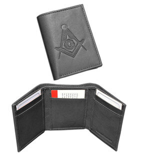One (1) Masonic Black Tri-Fold Leather Wallet with Large Masonic Compass and Square. Multiple pockets and ID compartments - wallet for Freemason. (Masonic gifts)