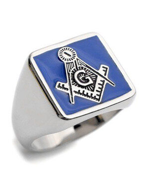 BLUE LODGE - FREEMASONS SQUARE AND COMPASS RING - STEEL MASONIC EMBLEM BLUE SQUARE BACKGROUND