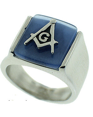 BLUE LODGE - FREEMASONS SQUARE AND COMPASS RING - STEEL MASONIC EMBLEM WITH BLUE BACKGROUND