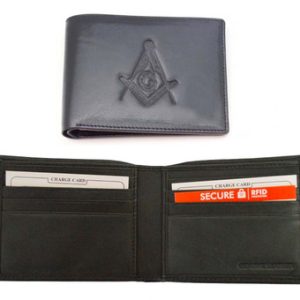 One (1) Masonic Black Leather Wallet with Large Centered Masonic Compass and Square. Multiple pockets and ID compartments - wallet for Freemasons. (Masonic gifts)