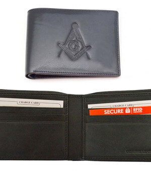 One (1) Masonic Black Leather Wallet with Large Centered Masonic Compass and Square. Multiple pockets and ID compartments - wallet for Freemasons. (Masonic gifts)