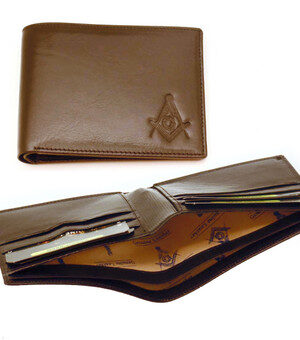 One (1) Masonic Dark Brown leather Wallet with Masonic Compass and Square. Multiple pockets and ID compartments - wallet for Freemasons. (Masonic gifts)