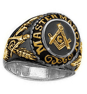 DUO TONE GOLD AND STEEL COLOR FREEMASON COLLEGE STYLE MASONIC RING. CLASSIC CENTER DESIGN AND ETCHED SYMBOLS. MASONIC JEWELRY MASONIC RINGS FOR SALE.