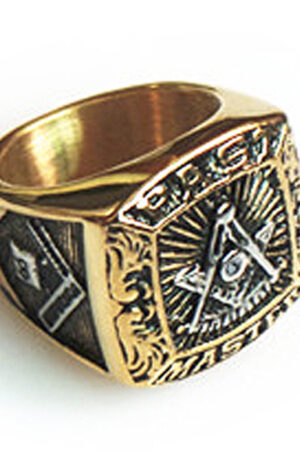 GOLD PAST MASTER FREEMASON RING / MASONIC RING - GOLD PLATED AND STEEL COLOR TOP - WITH MASONIC SYMBOLS