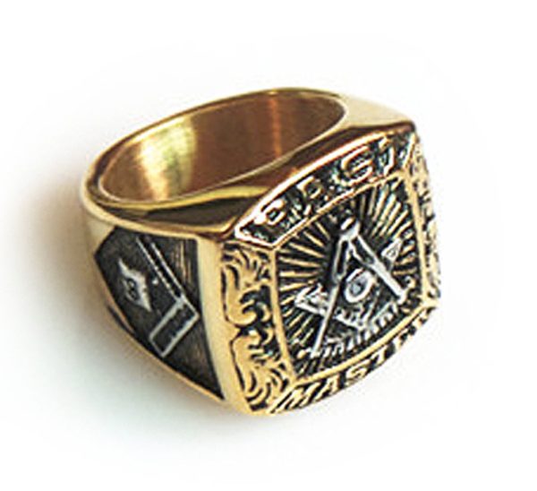 GOLD PAST MASTER FREEMASON RING / MASONIC RING - GOLD PLATED AND STEEL COLOR TOP - WITH MASONIC SYMBOLS