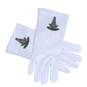 MASONIC PAST MASTER ANCIENT COMPASS FACE COTTON GLOVES - WHITE (ONE SIZE FITS MOST). MASONIC REGALIA CLOTHING AND FORMAL ATTIRE.