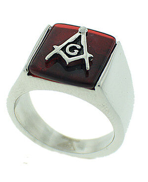 RED LODGE - FREEMASONS SQUARE AND COMPASS RING - STEEL MASONIC EMBLEM WITH RED BACKGROUND