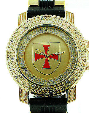 KNIGHTS OF TEMPLAR WATCH - SHIELD WITH RED CROSS - BLACK SILICONE BAND - YORK RITE MASONIC SYMBOL - COLOR FACE DIAL WATCH