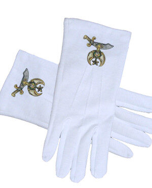 MASONIC SHRINER SYMBOL COTTON GLOVES - WHITE (ONE SIZE FITS MOST) FOR FREEMASONS. MASONIC FORMAL WEAR REGALIA AND ACCESSORIES.
