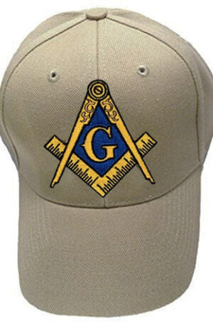 FREEMASON'S BASEBALL CAP -TAN HAT WITH BLACK AND GOLD AND BLUE STANDARD MASONIC SYMBOL - ONE SIZE FITS MOST ADULTS. MASONIC GIFTS