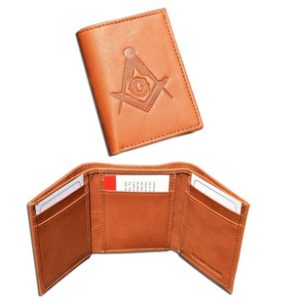 One (1) Masonic Tan Tri-Fold Leather Wallet with Large Masonic Compass and Square. Multiple pockets and ID compartments - wallet for Freemasons. (Masonic gifts)