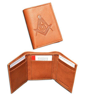 One (1) Masonic Tan Tri-Fold Leather Wallet with Large Masonic Compass and Square. Multiple pockets and ID compartments - wallet for Freemasons. (Masonic gifts)