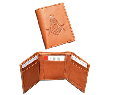 One (1) Masonic Tan Tri-Fold Leather Wallet with Large Masonic Compass and Square. Multiple pockets and ID compartments - wallet for Freemasons. (Masonic gifts)