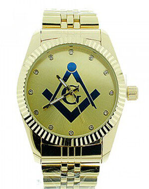 MASONIC WATCH - DARK MASONIC LOGO COMPASS & SQUARE - GOLD COLOR STEEL BAND - FULL GOLD FACE DIAL FREEMASON SYMBOL WATCH