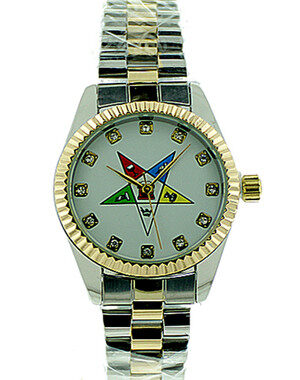 ORDER OF THE EASTERN STAR WATCH - OES SYMBOL ON DUO TONE SILVER AND GOLD COLOR STEEL BAND - WHITE FACE CZ DIAL